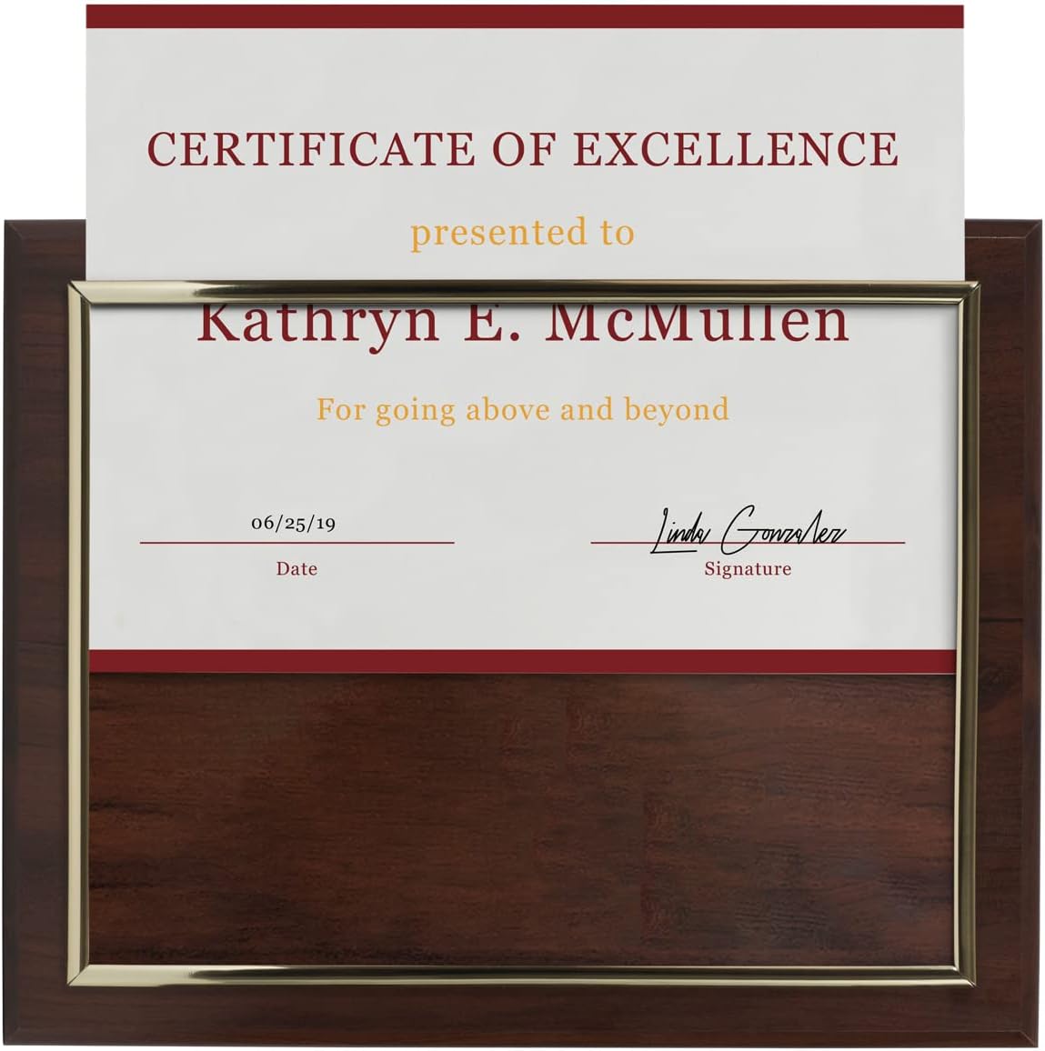 10.5 x 13" Certificate Display Plaque - Offered in Coated Cherry Wood with an 8.5 x 11" Gold Frame - Slide in your