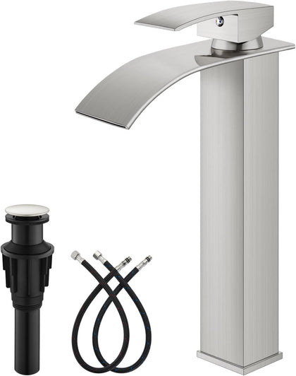 Modern Waterfall Tall Bathroom Faucet 1 Hole, Brushed Nickel