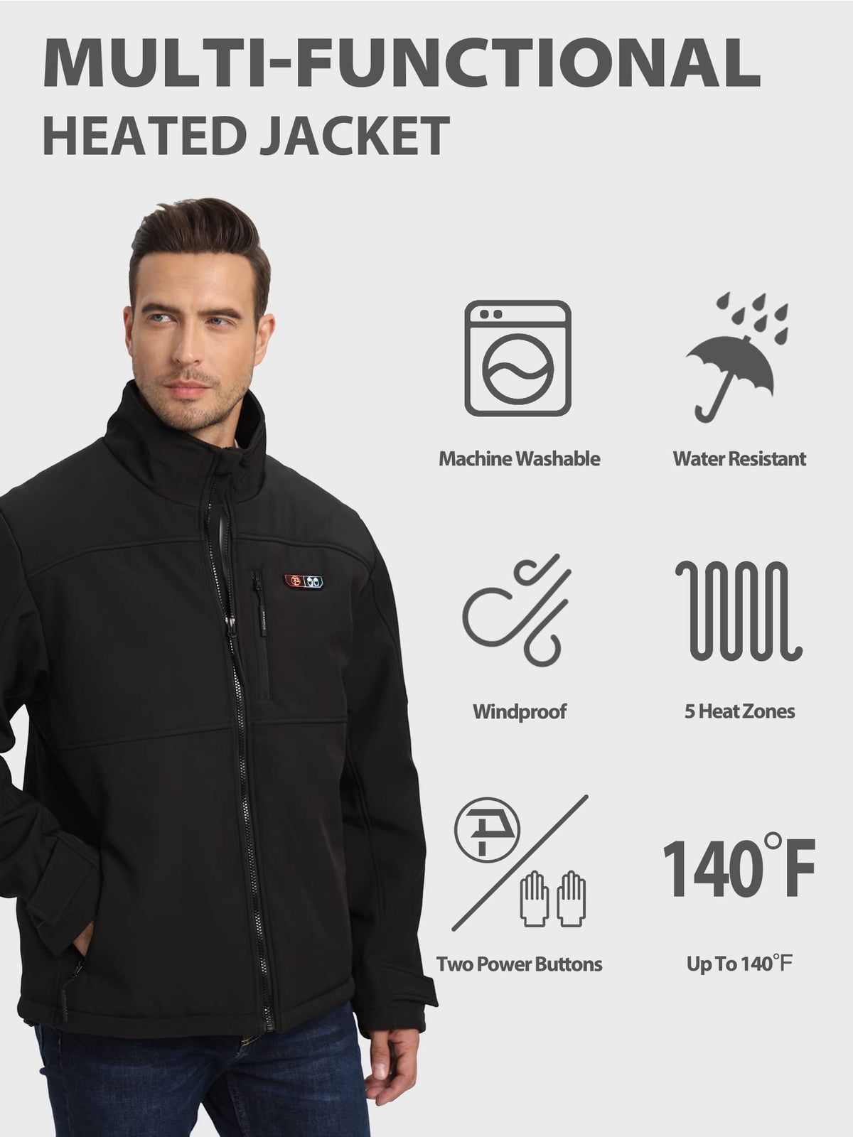Men's Heated Jacket Soft Shell with Hand Warmer, with 7.4V Battery Pack (Large, Black)