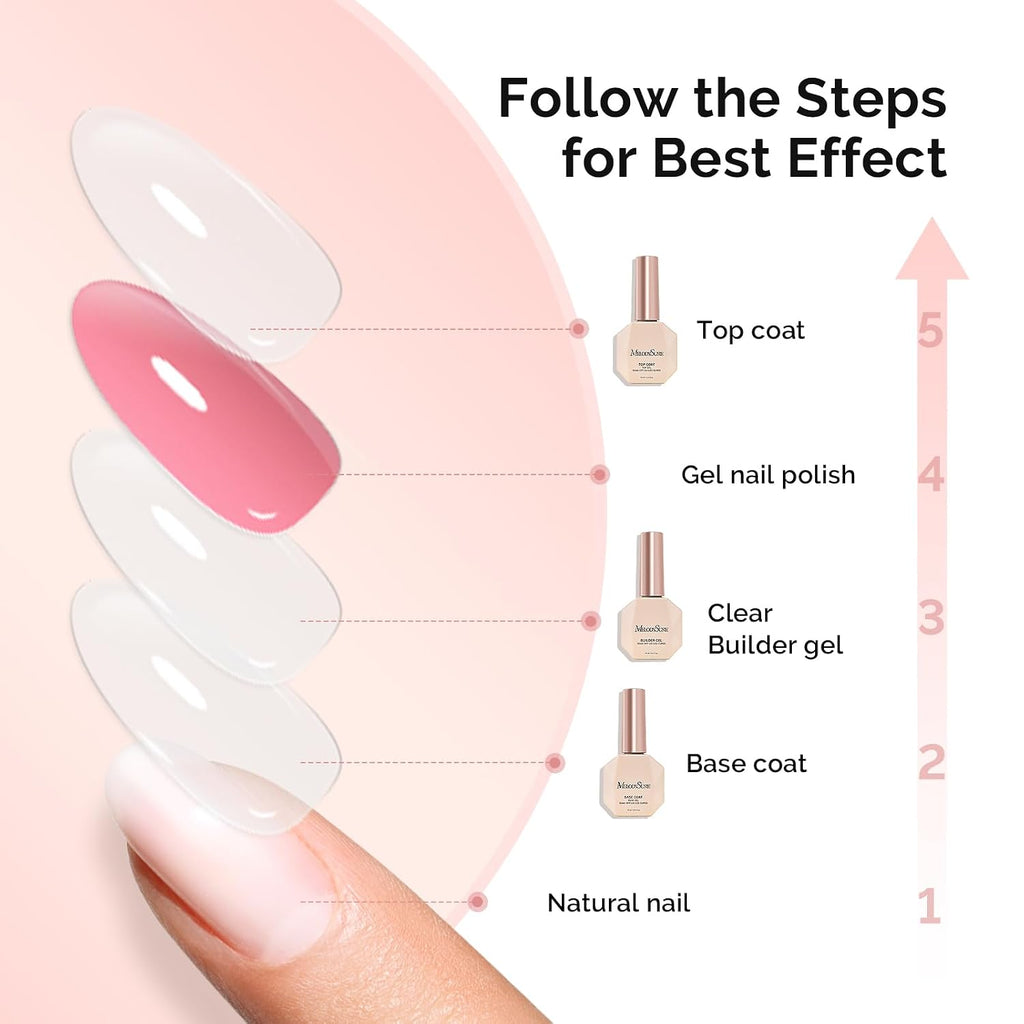 Top Coat Builder Gel Base Coat No Wipe Glossy Set 3 Pcs 15ml | Long Lasting Shine Finish Soak Off UV LED Nail Lamp
