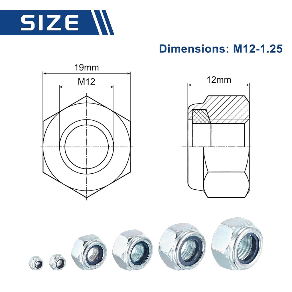 10Pcs M12-1.25 Nylon Locking Hex Nuts CarbonSteel Blue and White