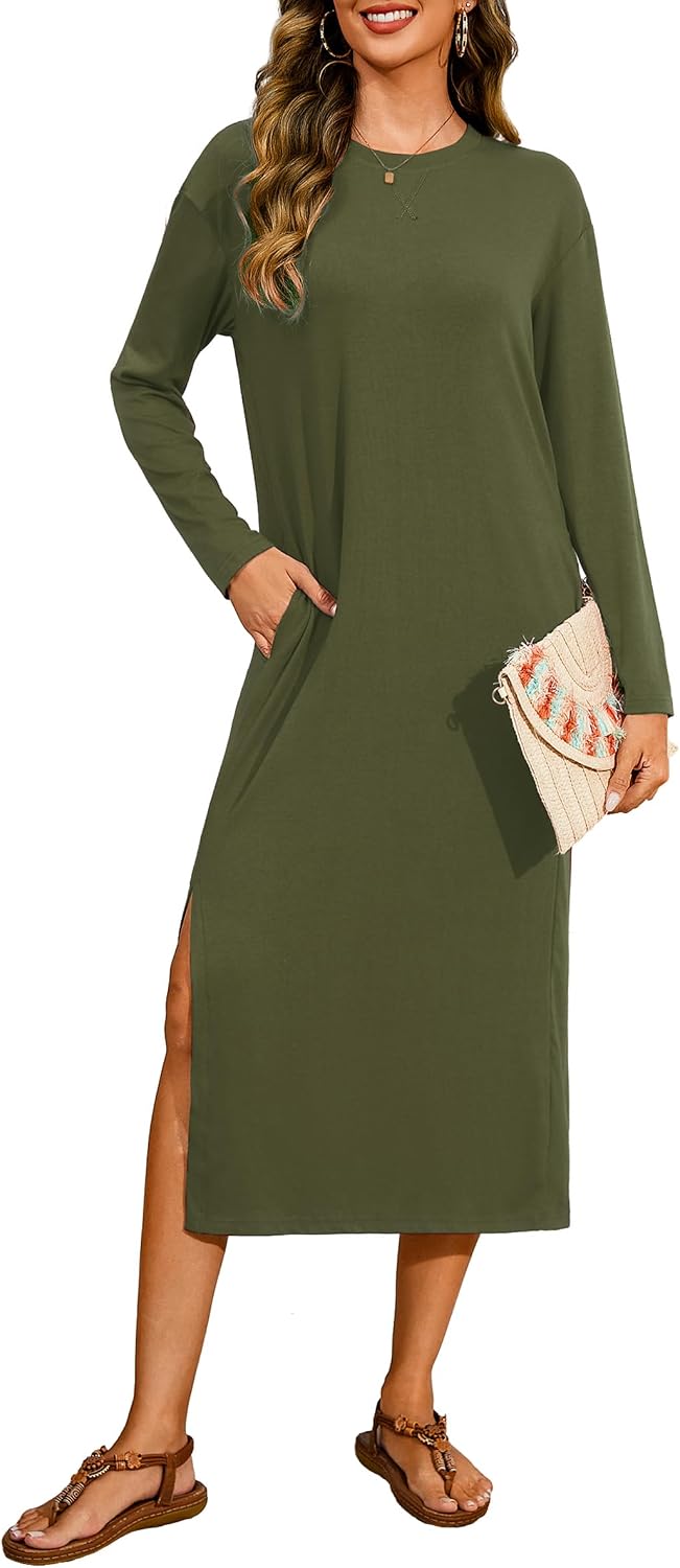 Long Sleeve Midi Dresses for Women with Pockets