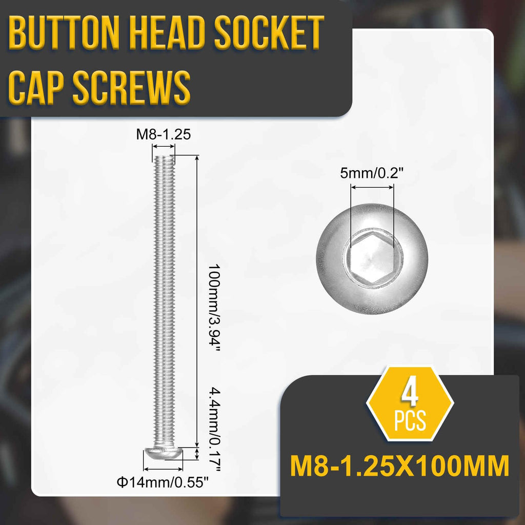DTGN M8-1.25x100mm Button Head Socket Cap Screw 4Pack 304 SS Whitewashed