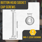 DTGN M8-1.25x100mm Button Head Socket Cap Screw 4Pack 304 SS Whitewashed