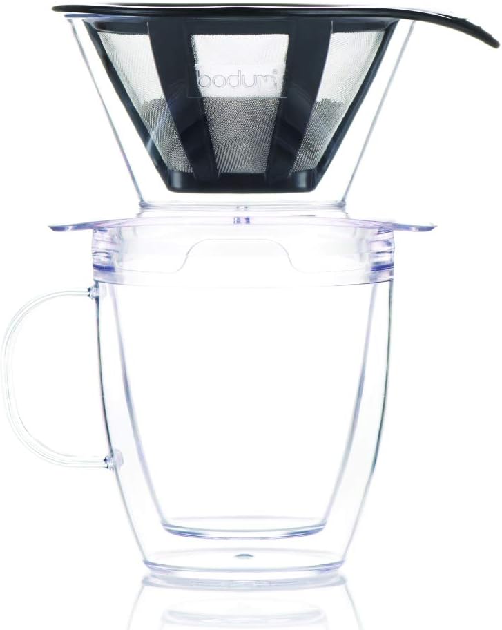 12oz Pour Over Coffee Dripper Set w/Double Wall Mug and Reusable Permanent Filter, Plastic, BPA-Free, Clear