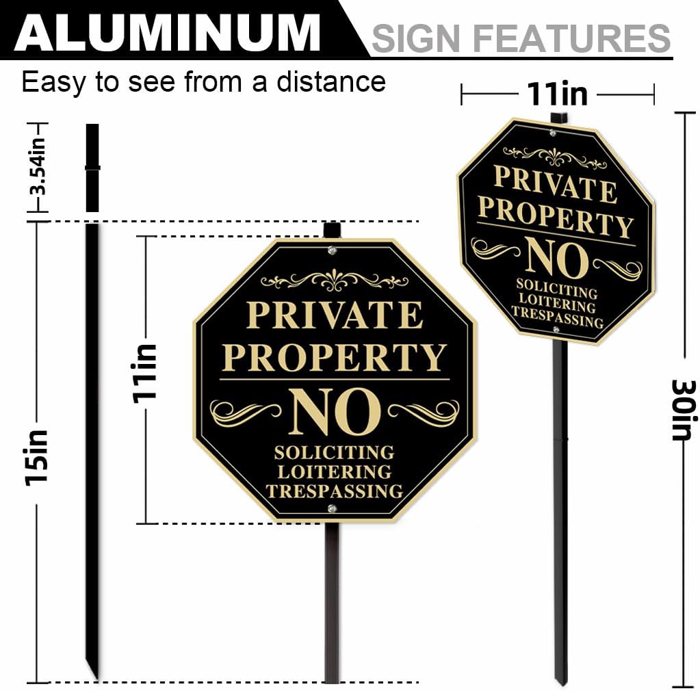 Private Property No Trespassing Sign with Stake, 11x11 inch/30 inch High, No Soliciting Sign for House, Weatherproof