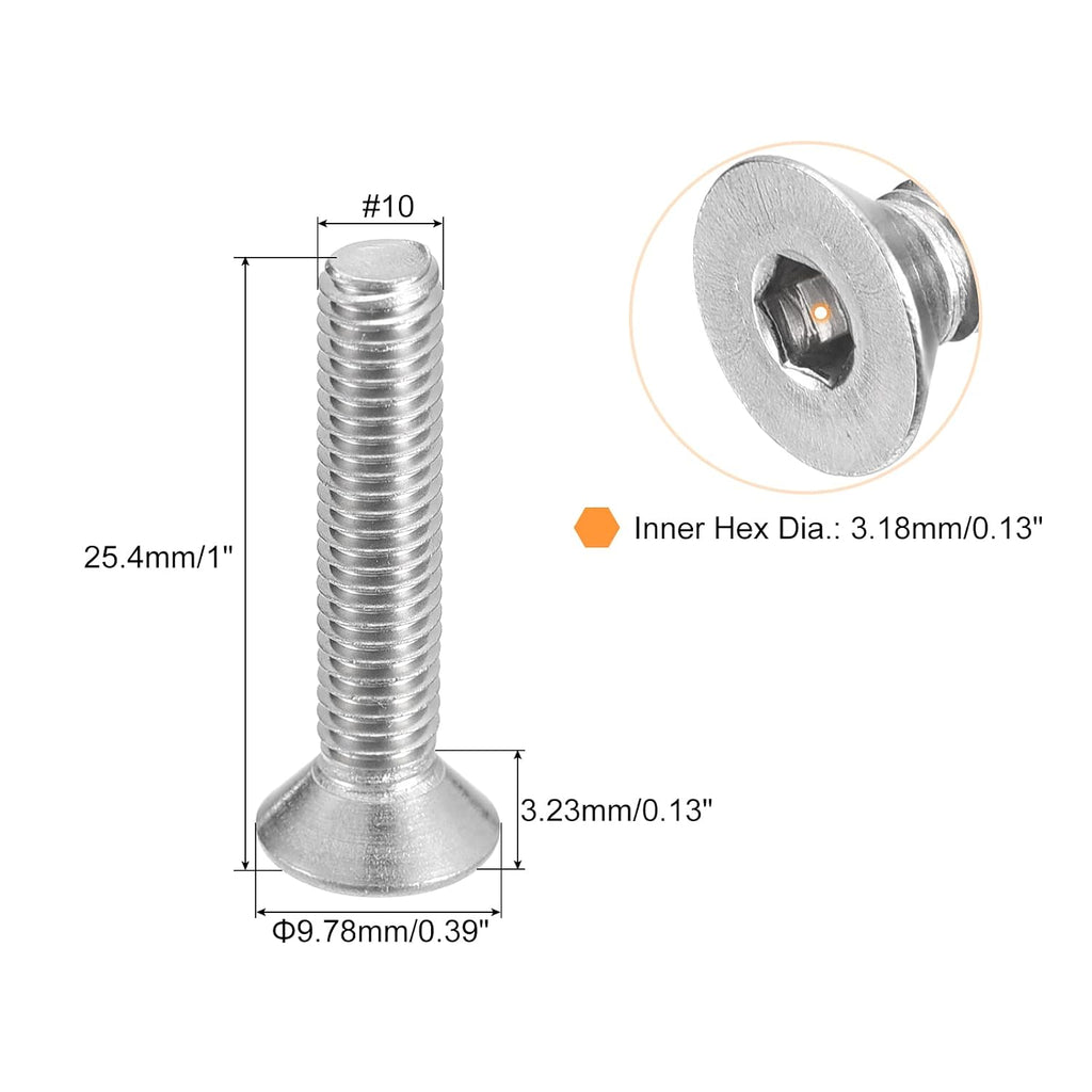 uxcell #10-32x1 Flat Countersunk Head Socket Cap Screws, 20Pcs 304 Stainless Steel Hex Socket Flat Head Screws, Full Thread, Countersunk Bolts