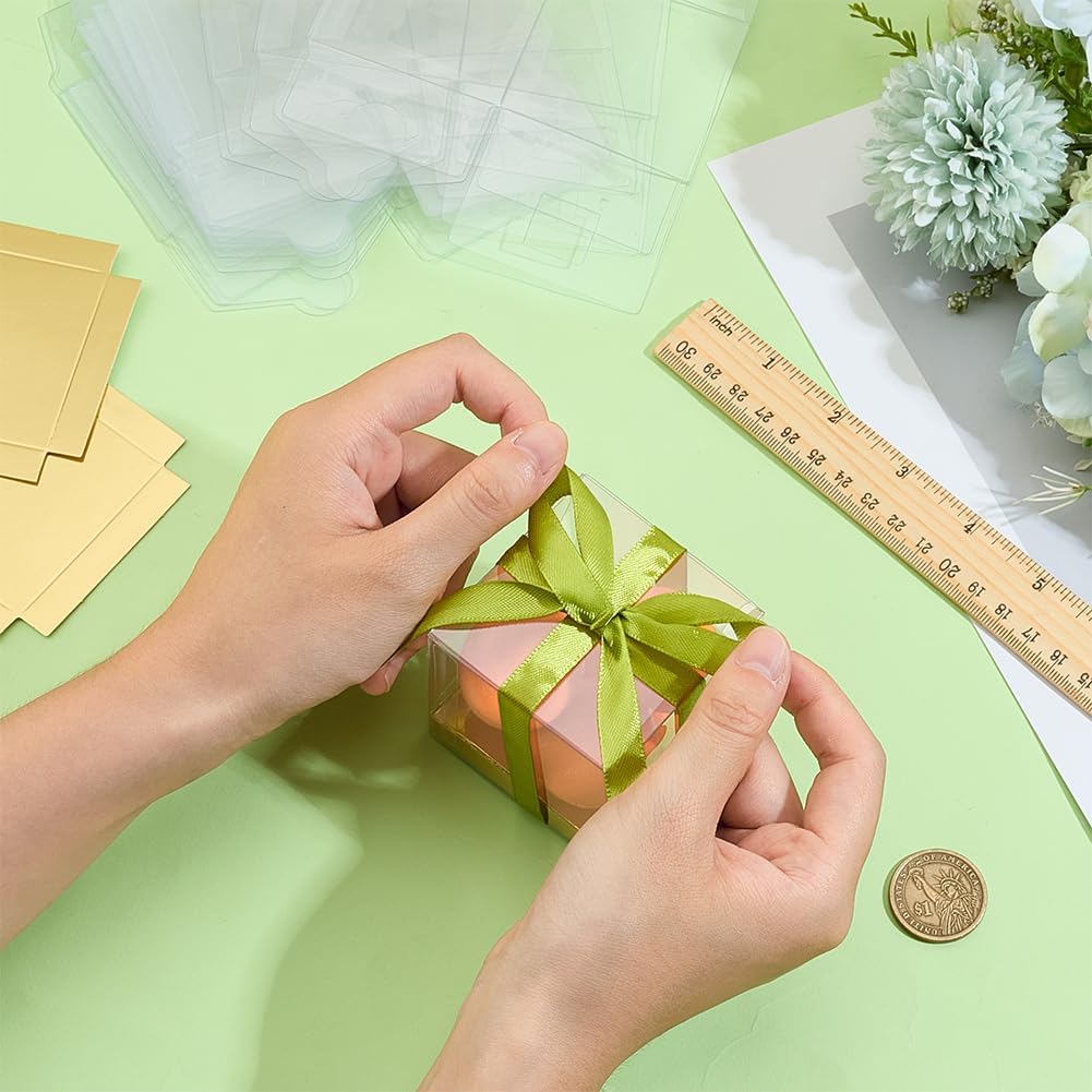 30 Pcs Clear Gift Boxes, 2.4x2.4x2.4 Inch Folding PVC Favor Boxes with Gold Paper Card Base for Wedding Birthday