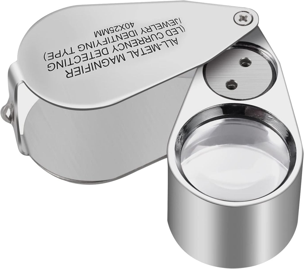 40X Full Metal Illuminated Jewelry Loop Magnifier, XYK Pocket Folding Magnifying Glass Jewelers Eye Loupe with