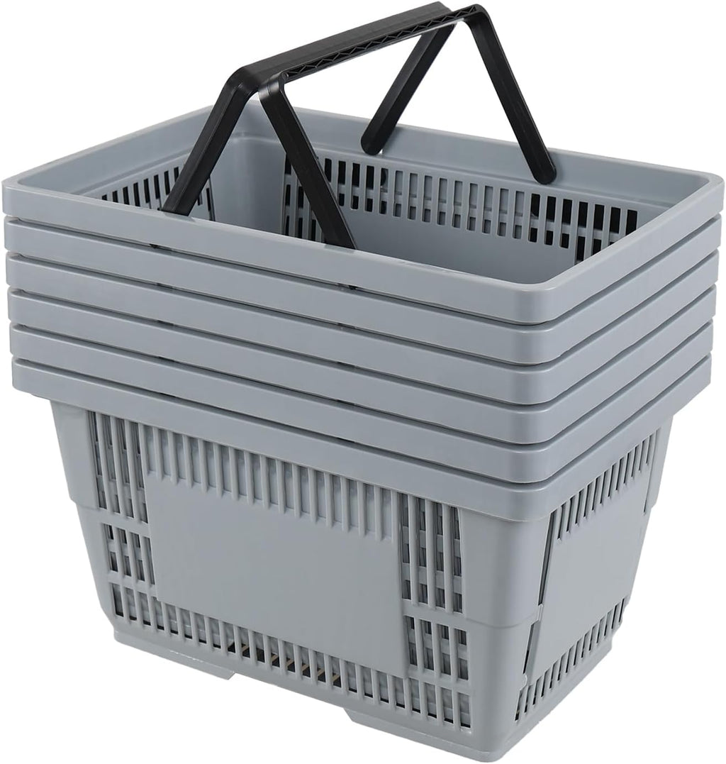 6 Pcs Shopping Baskets with Handles, 28 L Grocery Basket, Gray | Sturdy Ventilated Plastic Structure, Comfort