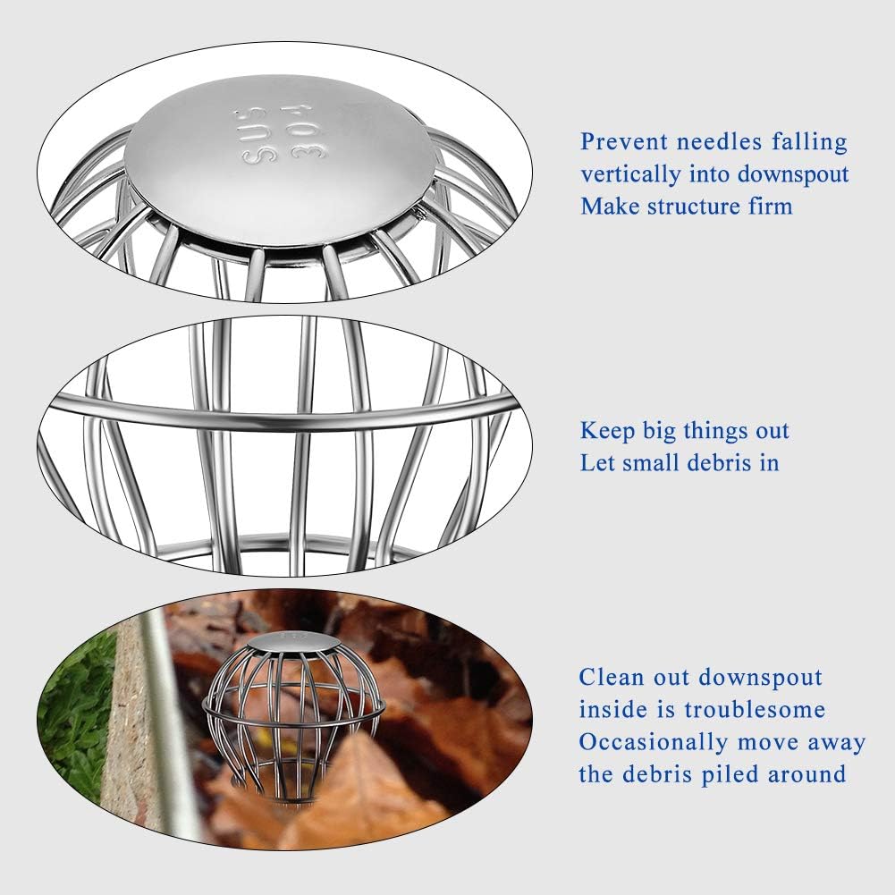 Gutter Guard, Fits for 2.8" ~ 3.7" Round Downspout, 304 Stainless Steel Rigid Filter Strainer, Stops Leaves Seeds and