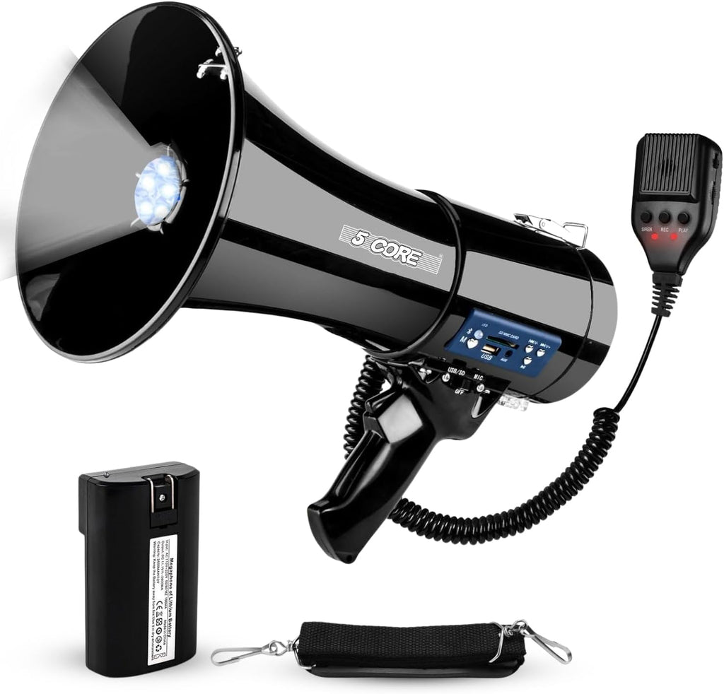 Megaphone Bullhorn 50W Speaker w Bluetooth LED Siren Handheld Mic Adjustable Volume Shoulder Strap Loud Clear Audio