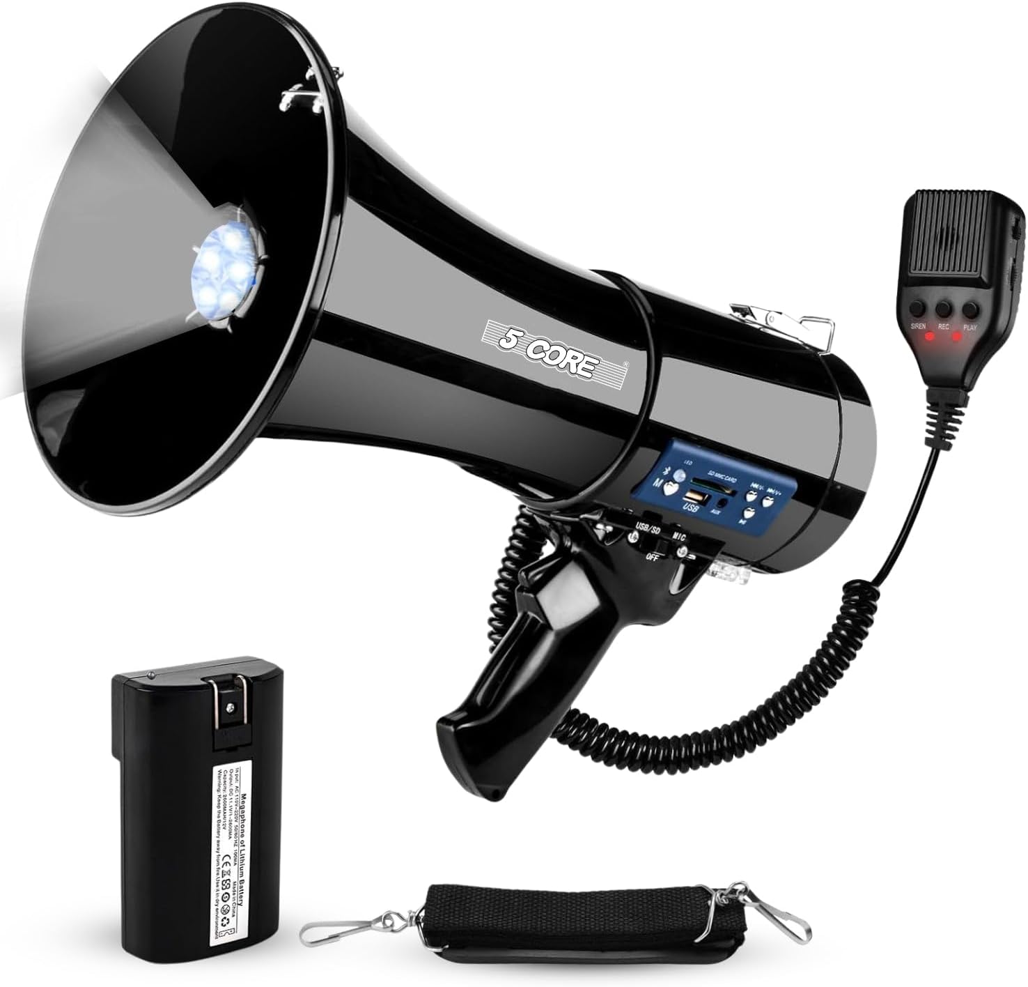 Megaphone Bullhorn 50W Speaker w Bluetooth LED Siren Handheld Mic Adjustable Volume Shoulder Strap Loud Clear Audio