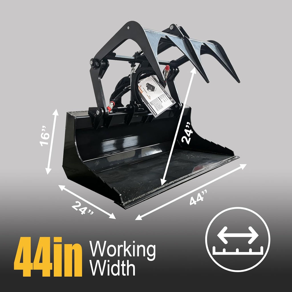 44" Mini Skid Steer Root Grapple Bucket, Universal Quick Tach Connection, 3,000 PSI Hydraulic Cylinder with Cylinder