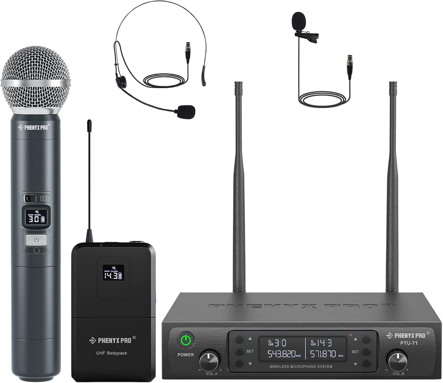 Wireless Microphone System, Dual Channel 100 UHF Metal Receiver, 328ft Range Auto Scan, Cordless Handheld & Bodypack