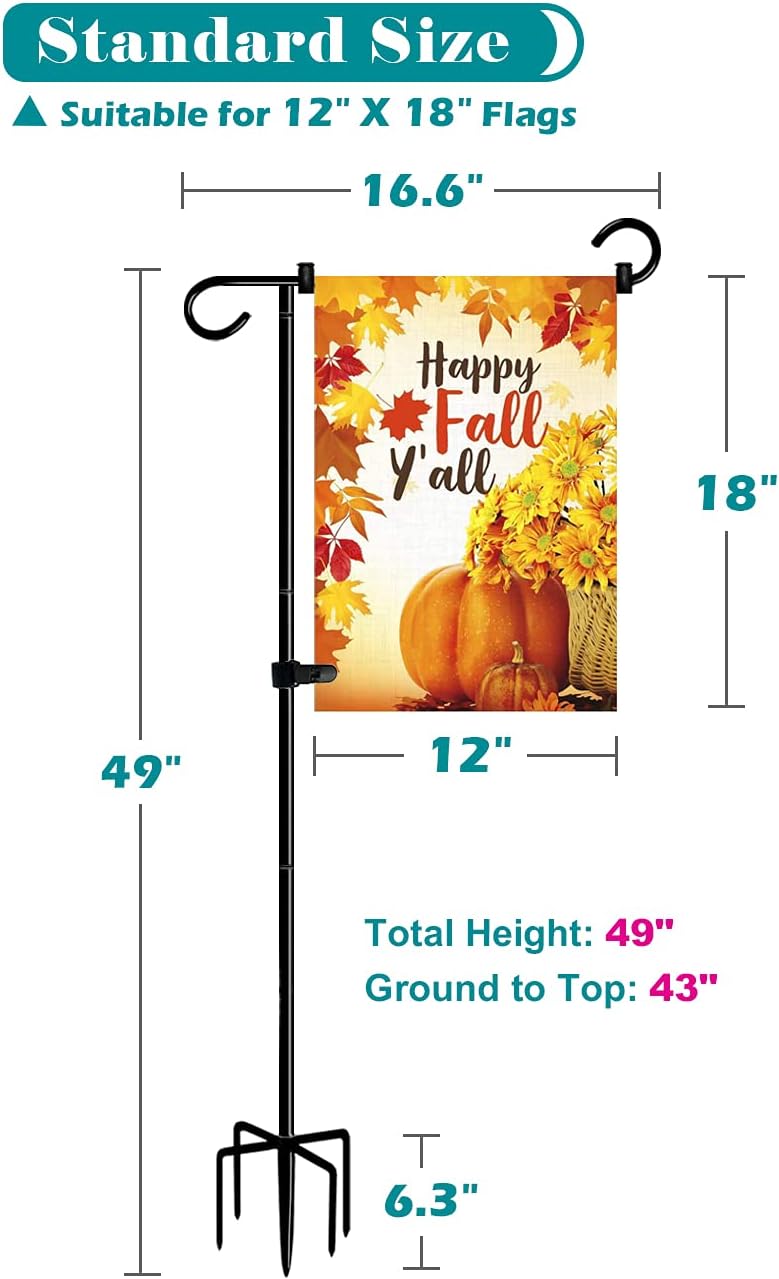 49 Inch Extra Tall Garden Flag Stand Holder Pole with 5 Prong Bases for 12 x 18 Outside Fall Yard Flags Décor, Matte