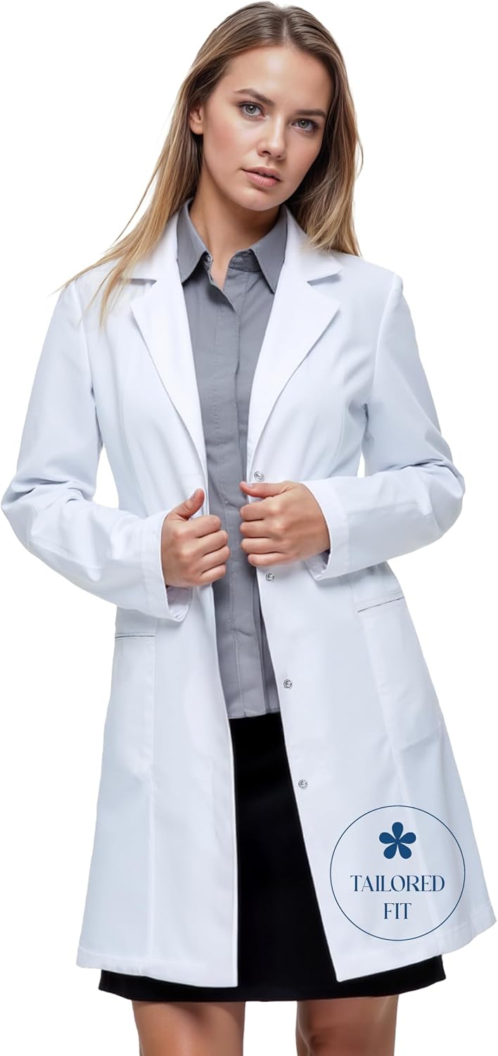 Lab Coat for Women 33 Inch, Tailored Medical Coat, 2 Hip Pockets, Doctor Nurse Coat for Clinics