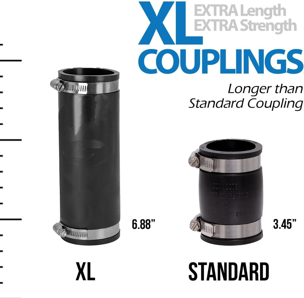 XL 1056-1502 1-1/2 in Flexible Pipe Coupling, Extra-Long 6.88 in DWV Sewer/Drain Connector, Fits OD 1.65–2.00 in