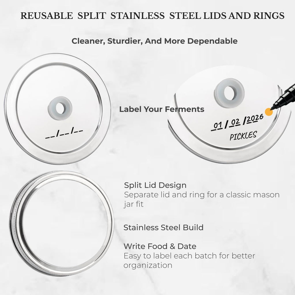 Stainless Steel Fermentation Lids for Wide Mouth Mason Jars, 4 Pack | Fermenting Lids with Airlocks and Silicone
