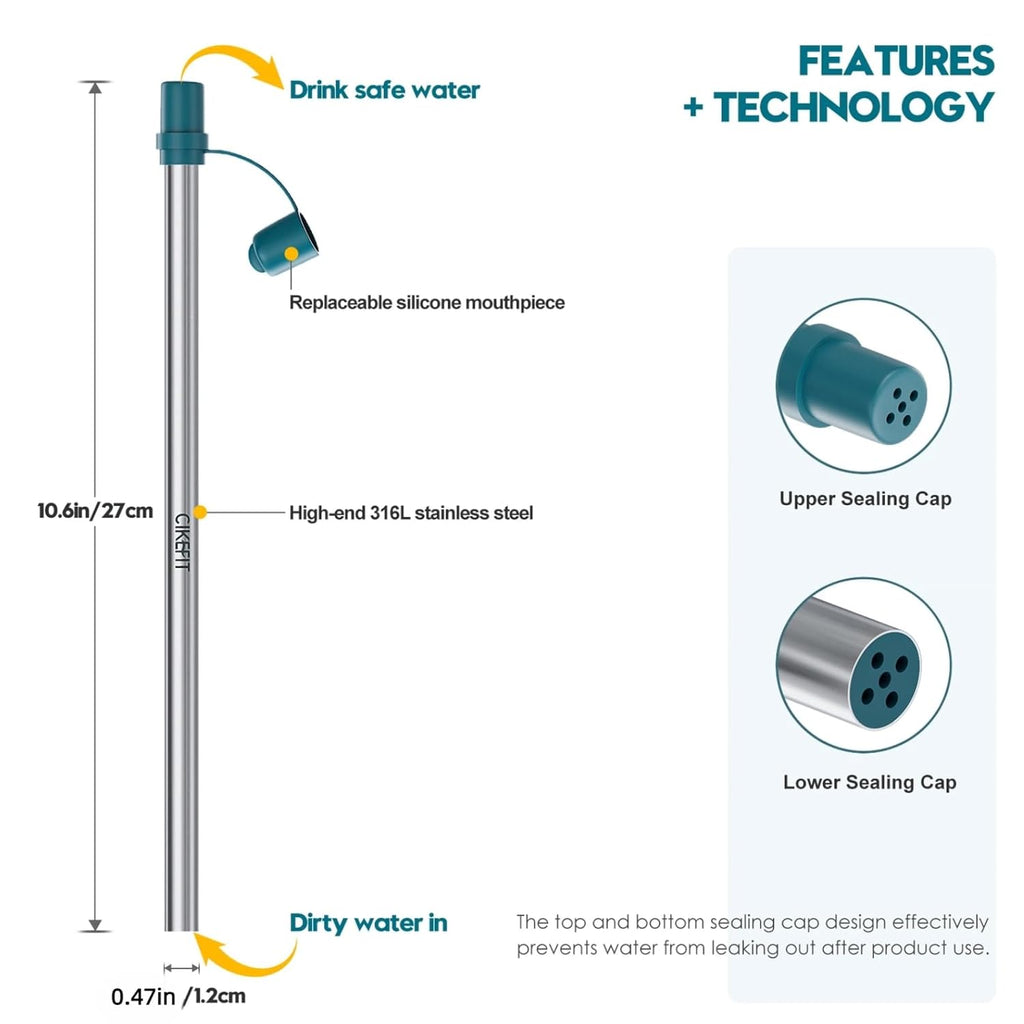 Personal Survival Straw.316L Stainless Steel Reusable Water Filter Straw Portable Water Purifier Straw for Camping