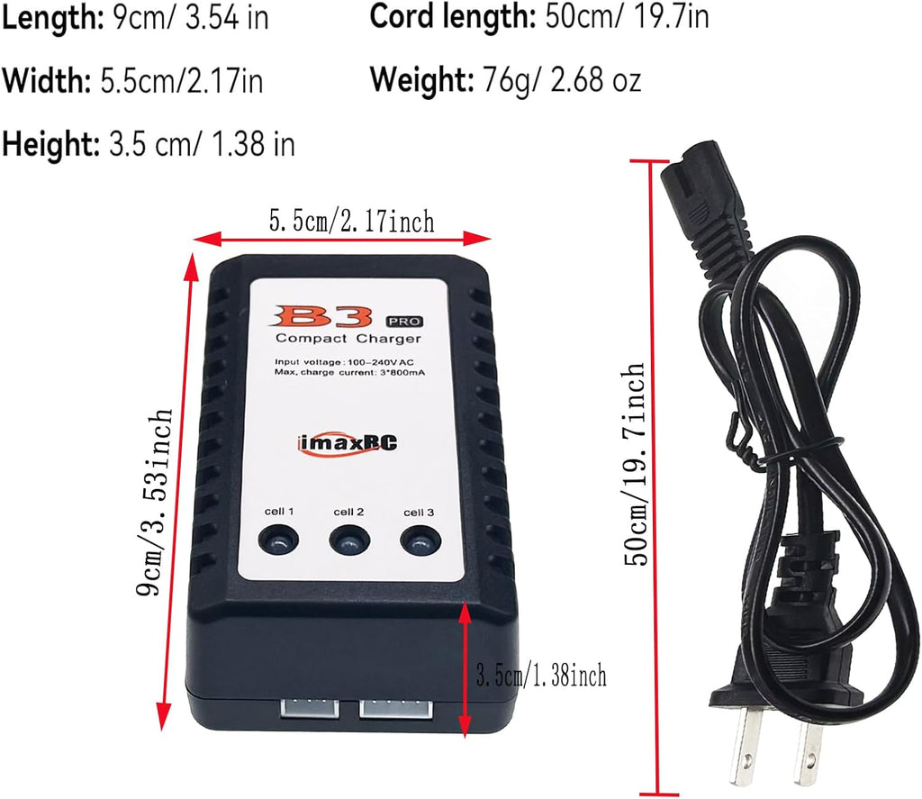 B3 Lipo Battery Charger 2S-3S RC Balance Charger with XH3P XH4P Plug for RC Car Batteries Drone Boat Airplane Truck