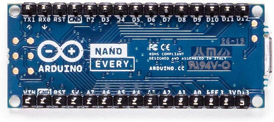 Arduino Nano Every with Headers [ABX00033] - Compact ATmega4809 Microcontroller with Micro USB, 20 Digital I/O, 6 Analog Inputs, and Easy Prototyping for DIY Projects