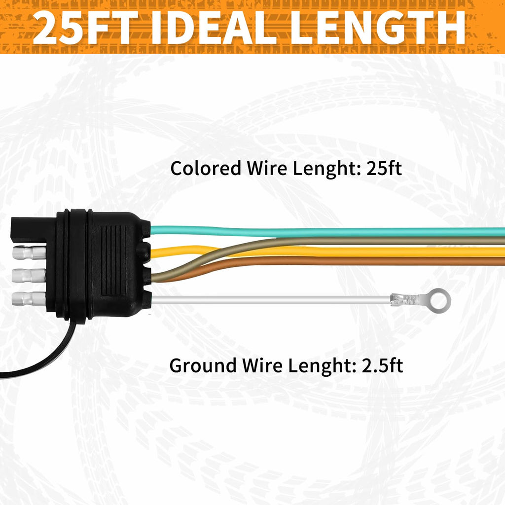 25Ft 4 Pin 5 Way Trailer Wiring Harness Kit with Black Nylon Protective Sleeve, Quick-Connect 4 Pin Flat Extension
