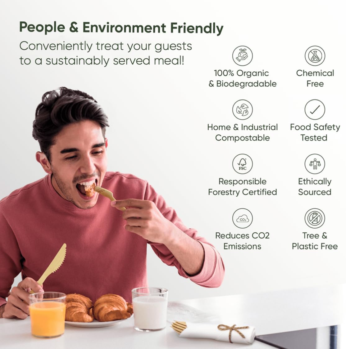 Premium Pre-Rolled Napkin and Bamboo Cutlery Set, 50 Pack, 200 PCS