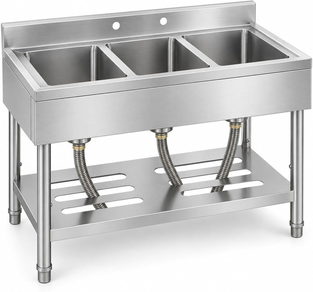 3 Compartment Utility Sink, 39 x 19 x 33 Inch Stainless Steel