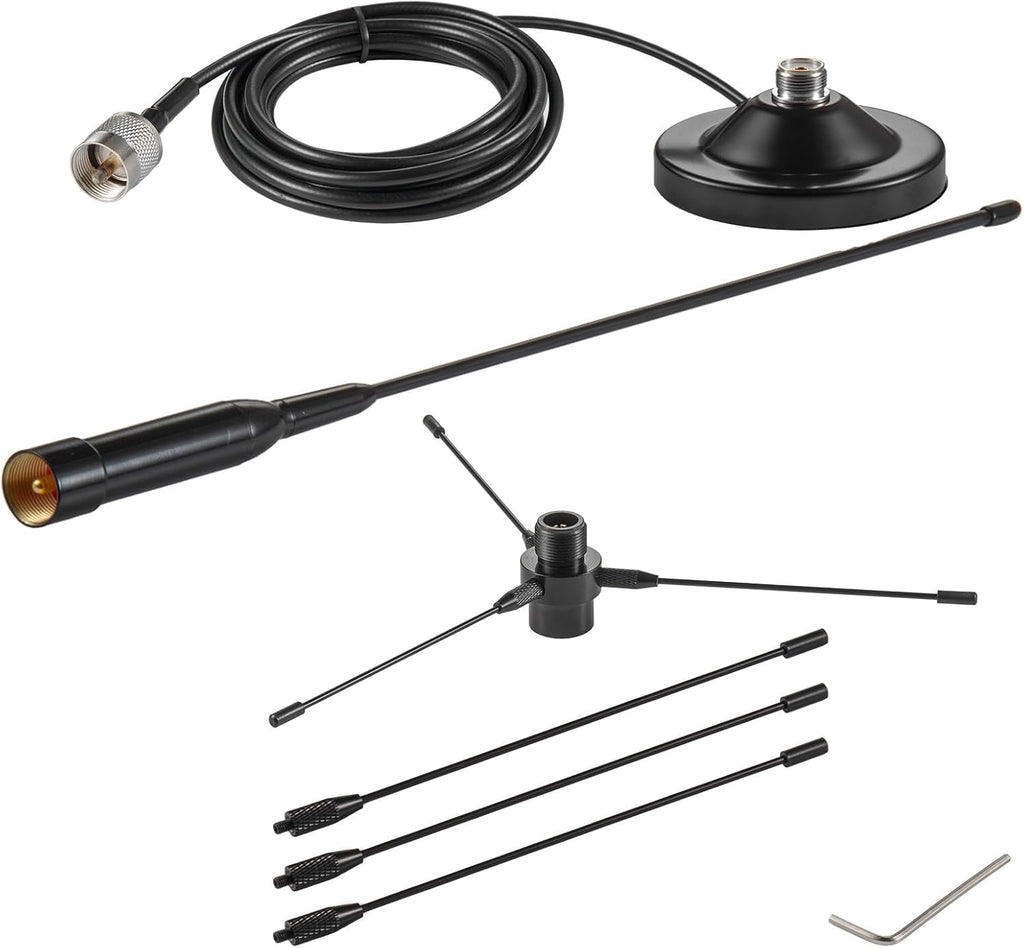 UHF VHF Dual Band 136-174MHz 400-470MHz Magnetic Base Mount Soft Whip Antenna with Ground Plane Kit, Vehicle Mobile