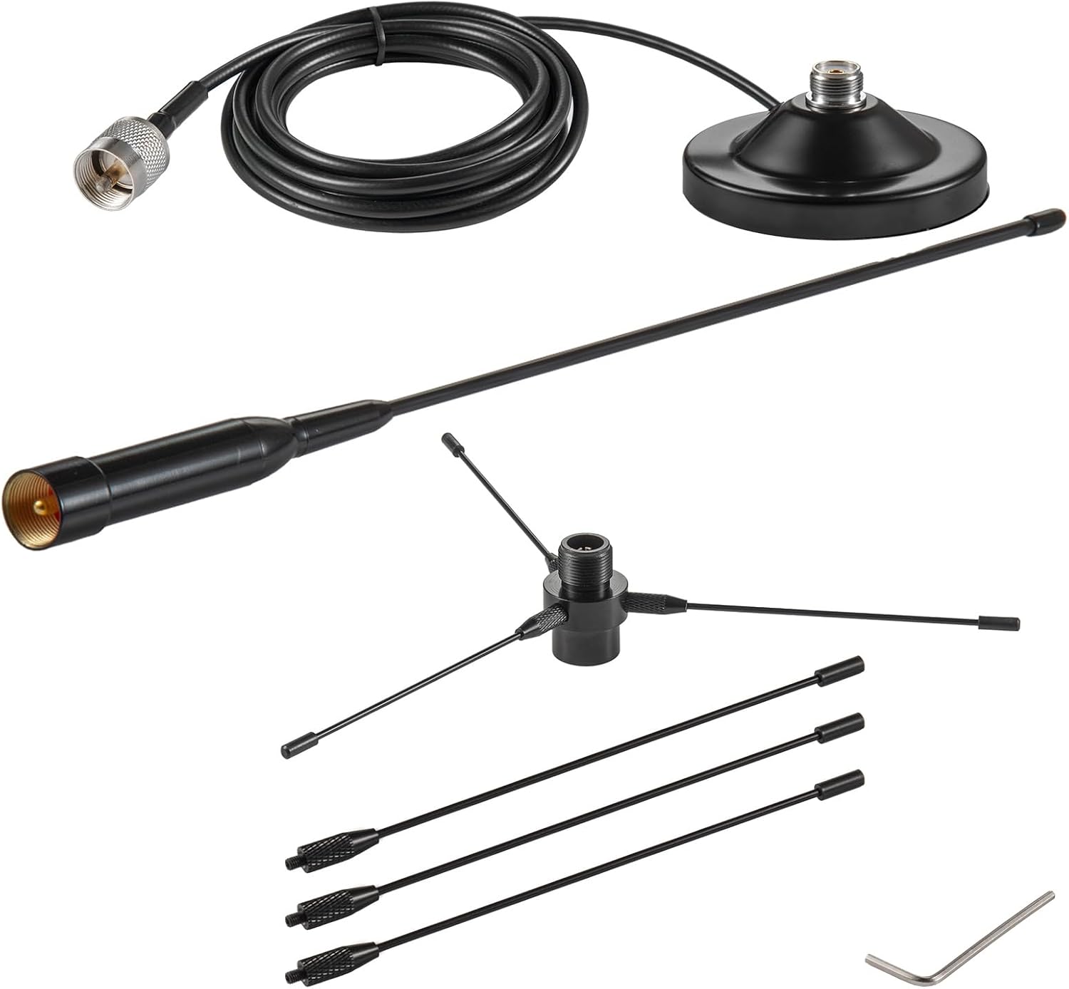 UHF VHF Dual Band 136-174MHz 400-470MHz Magnetic Base Mount Soft Whip Antenna with Ground Plane Kit, Vehicle Mobile