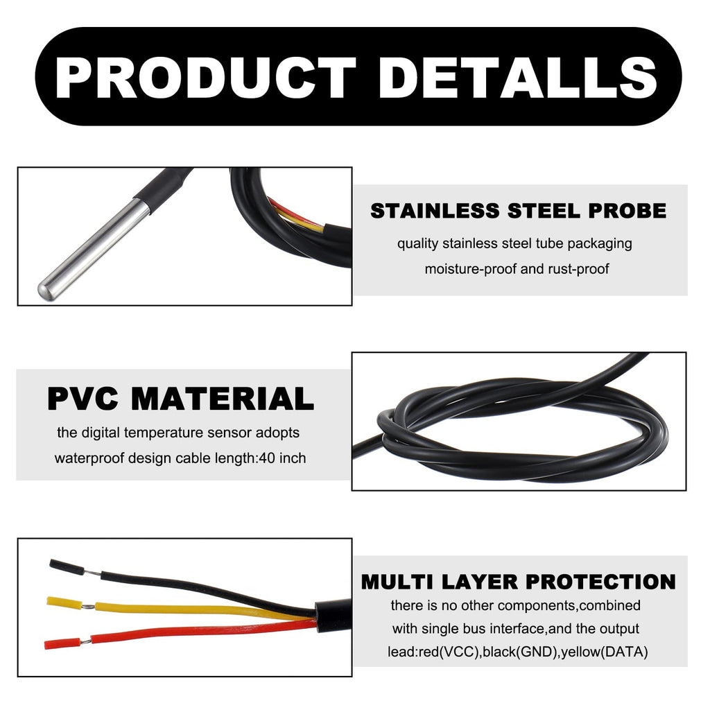 BOJACK DS18B20 1M Temperature Sensor Probe Stainless Steel(Pack of 2）