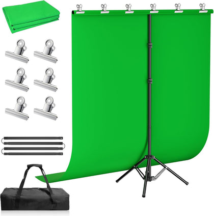 5x7 ft Green Screen Backdrop Kit with Foldable T-Shaped Stand | Portable & Compact Greenscreen Kit Includes 6 Clips