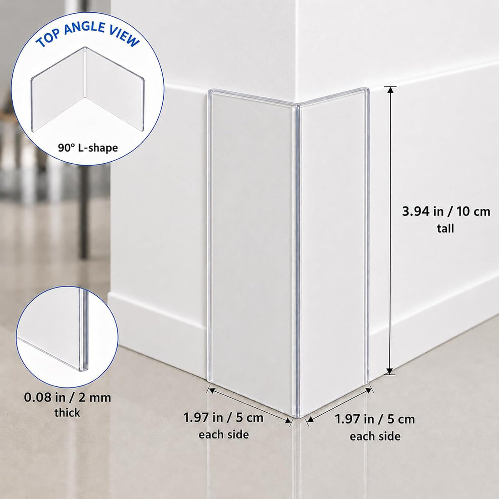 Corner Protectors Dog Chewing:6-Pack 4-Inch Clear L-Shaped Hard PC Baseboard Corner Guards, Peel and Stick Wall