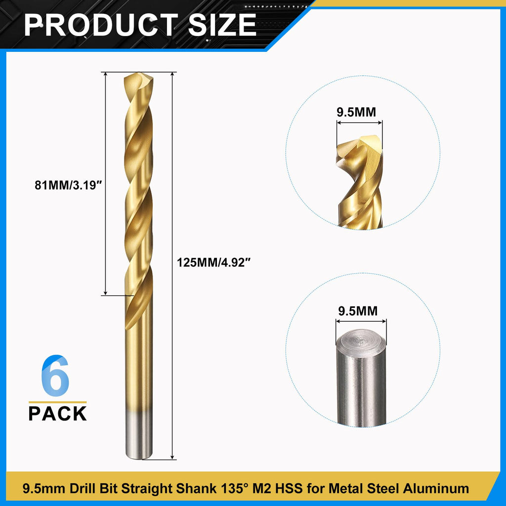 PATIKIL 9.5mm Drill Bit Jobber Straight Shank M2 TiN Coated 6Pcs