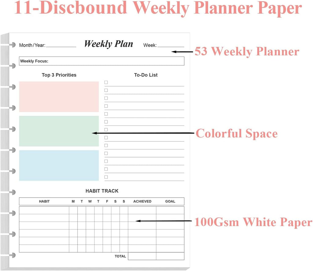 Weekly Planner Undated Refills - Letter Size 53 Sheets/106 Pages Colorful Weekly Planner for 11-Disc Discbound, TUL