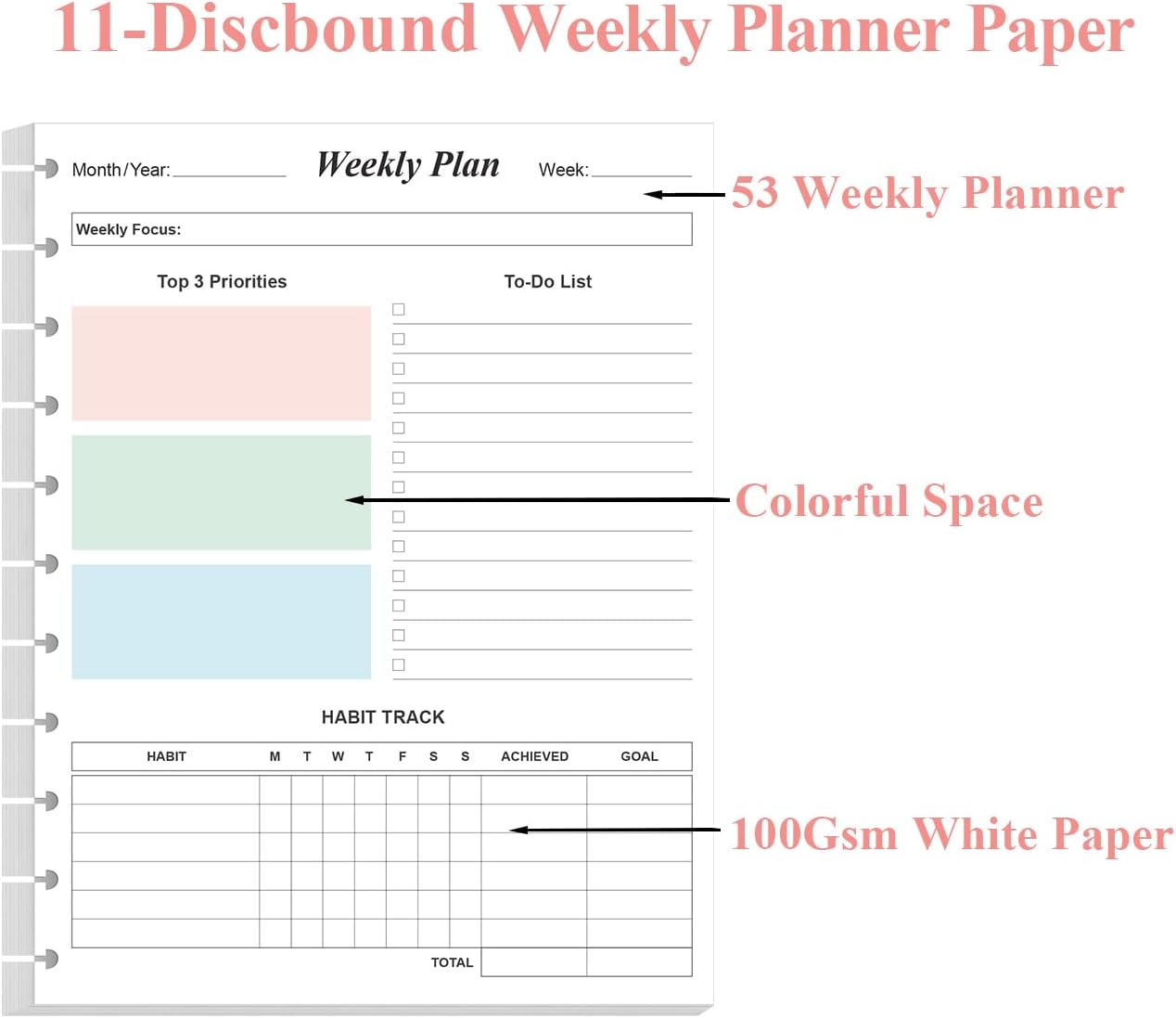 Weekly Planner Undated Refills - Letter Size 53 Sheets/106 Pages Colorful Weekly Planner for 11-Disc Discbound, TUL