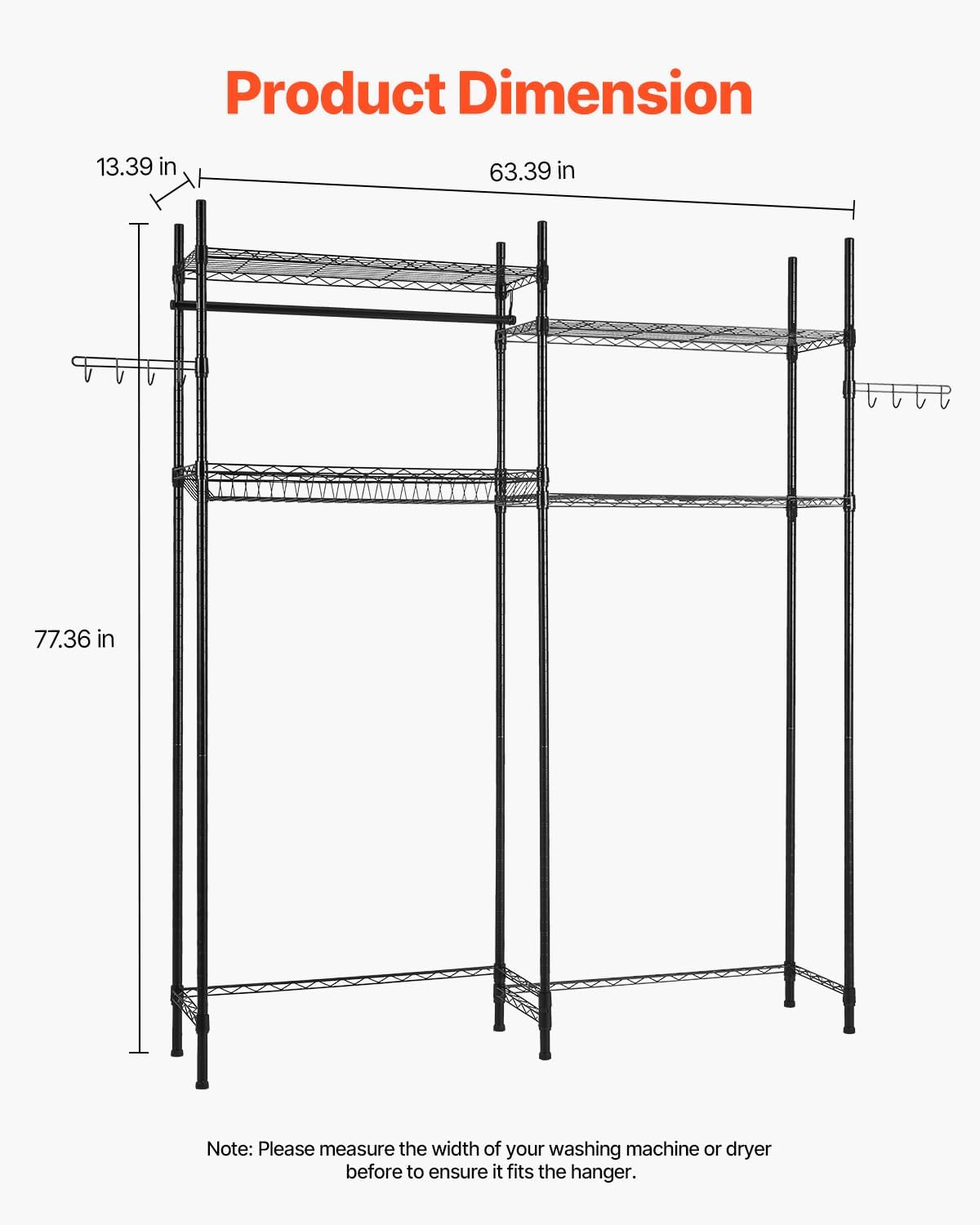 Over the Washer and Dryer Storage Shelf, 4 Tier Laundry Room Drying Rack with Hanger Rod and Hooks, Adjustable Over
