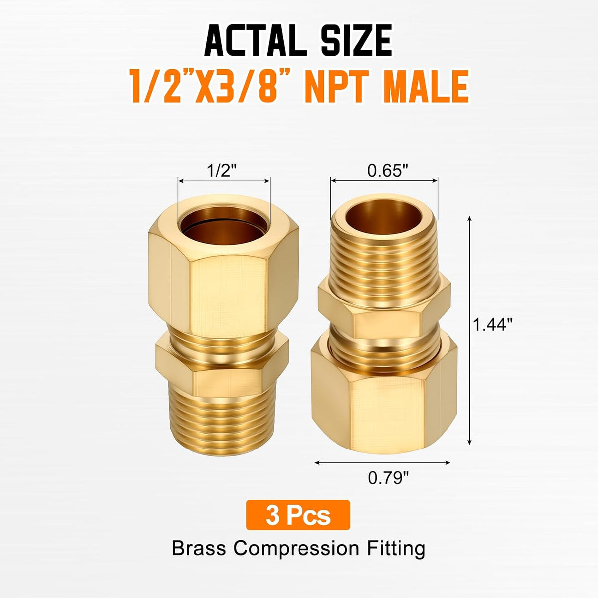 3Pack Brass Compression Tube Pipe Fitting 1/2"OD Compression x 3/8"