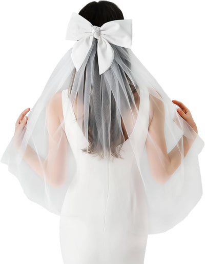 Bridal Bow Veil White Short Wedding Veil Tulle Bachelorette Party Veils Bride Accessories for Women Girls