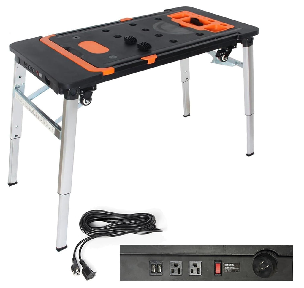 7-in-1 Workbench Folding with Power Outlet and 33ft Long Power Cord Painted Work Table as Workbench
