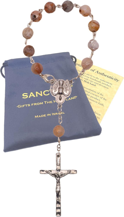 Car Rosary, Handmade and Blessed in the Holy Land, Prayer Beads with Saints Medal and Crucifix, Gift Pouch and