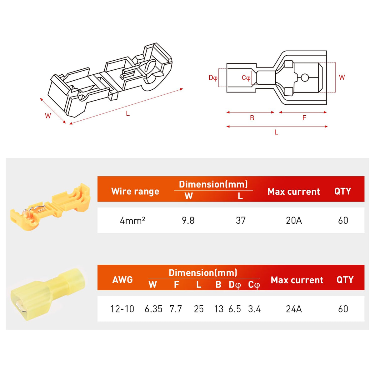 Nilight 120PCS/60Pairs Yellow T-Tap Quick Splice Disconnect Wire Terminal