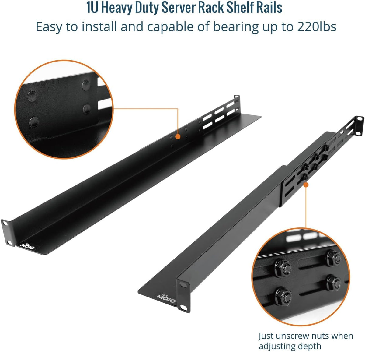 Tecmojo Universal 1U Rack Mount Rail ,4-Post Fully Server Rack Shelf Rail with 20.9"-32" Adjustable Depth, Fit for Non-Rack Mountable Server/Networking/AV/IT Equipment