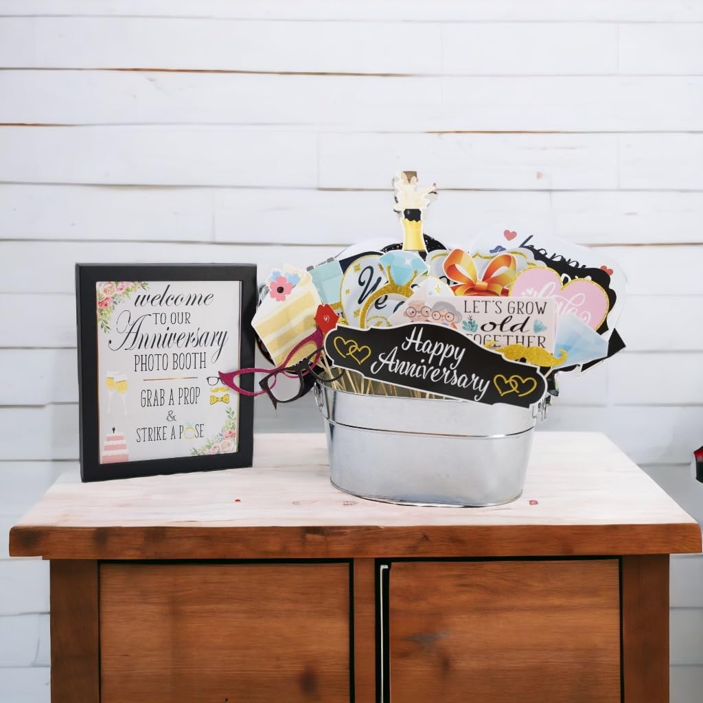 Anniversary Photo Booth Props - 41-pc Photobooth Kit with 8 x 10-Inch Sign, 60 Adhesive Pads, 45 Sticks - Wedding