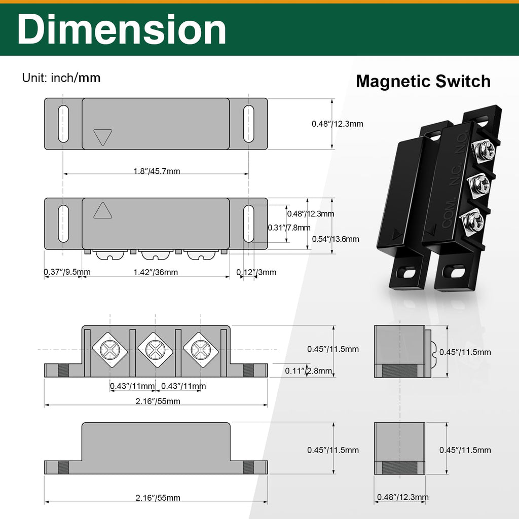 2 Sets Magnetic Reed Switch NO/NC, Wired Door Window Contact Sensor