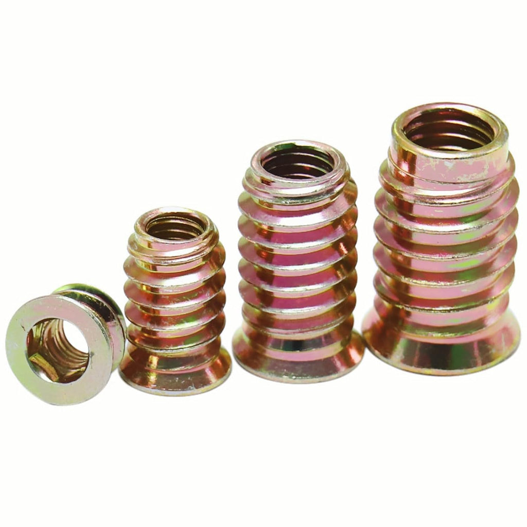 100pcs Threaded Inserts for Wood, Screw in Nut Fastener Connector, Steel Hex Drive Nut Inserts for Home Office Furniture (Gold, 1/4"-20 x10mm)