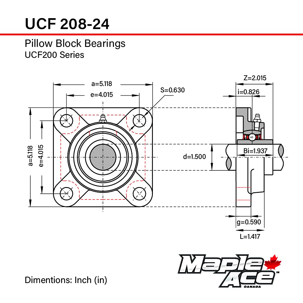 MAPLE ACE UCF208-24 Square Flange Bearing 1-1/2" Bore Self-Aligning (Qty 4)