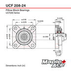 MAPLE ACE UCF208-24 Square Flange Bearing 1-1/2" Bore Self-Aligning (Qty 2)