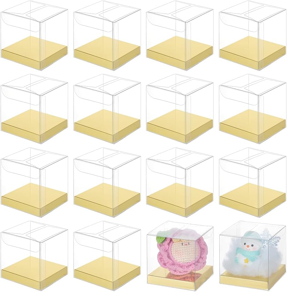 30 Pcs Clear Gift Boxes, 2.4x2.4x2.4 Inch Folding PVC Favor Boxes with Gold Paper Card Base for Wedding Birthday